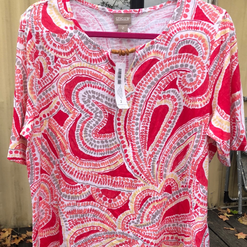 {$15 BUNDLED} New CHICO Pink Gold Gray Mosaic Beaded Key Hole Short Sleeve Top